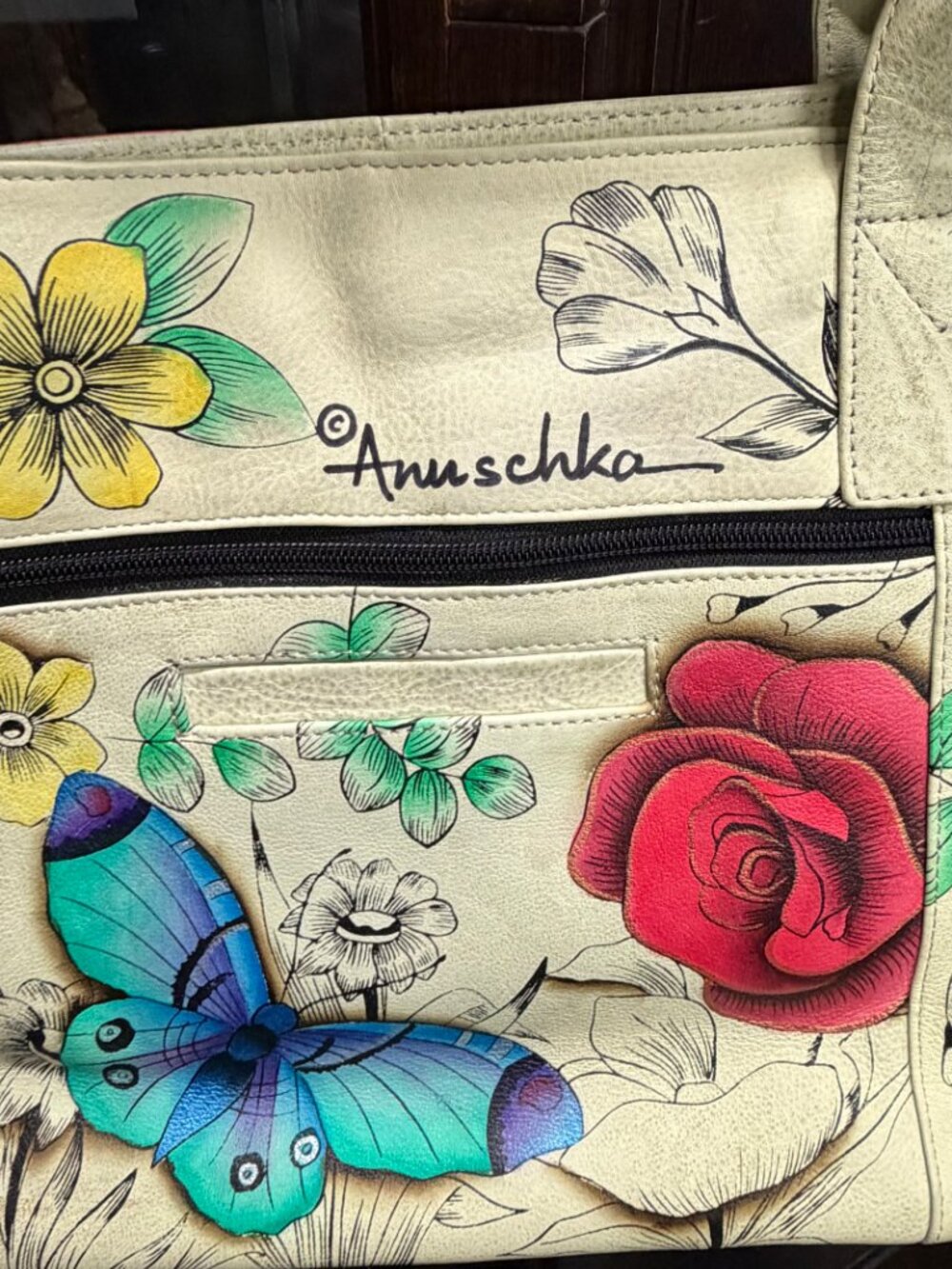 Anuschka Hand Painted Leather Butterfly Rose Satchel Bag with Shoulder Strap - Picture 5 of 5